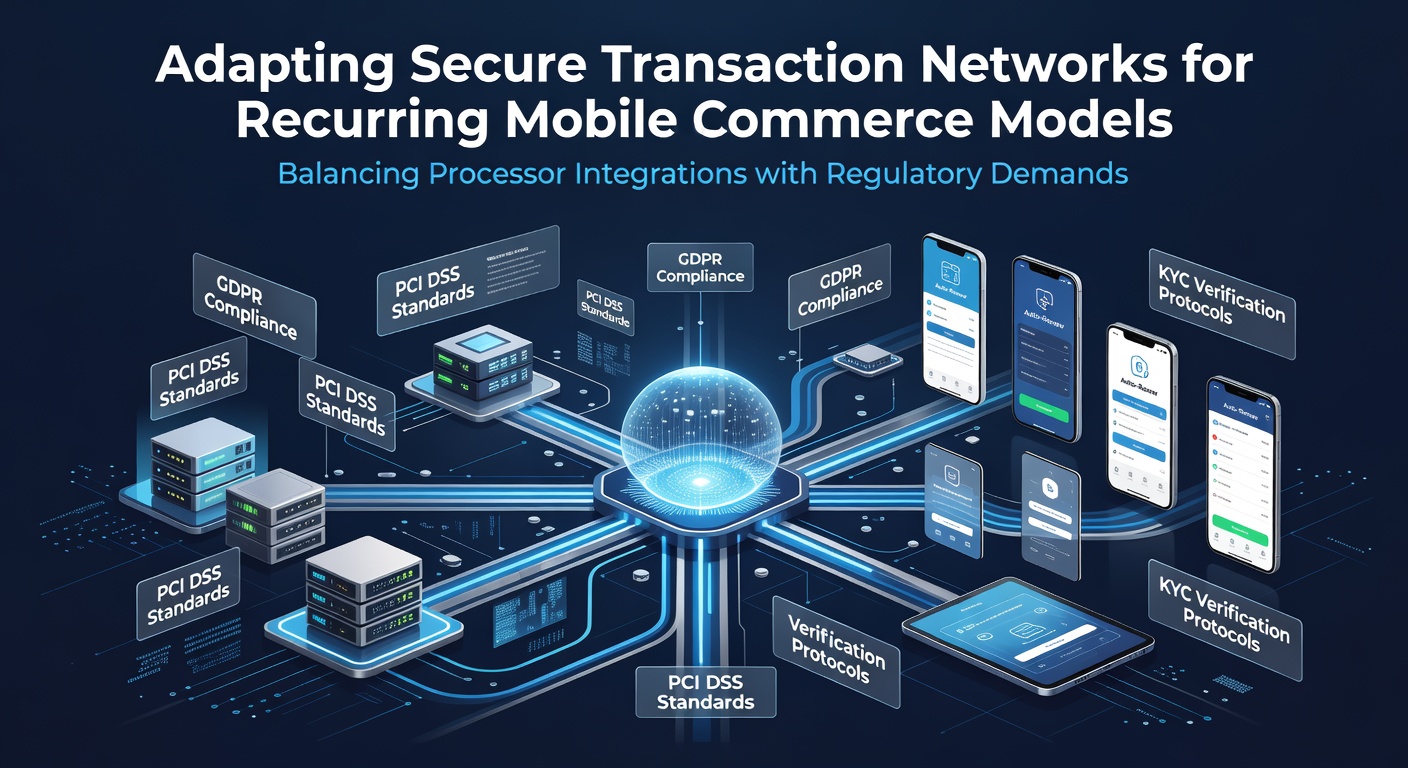Secure mobile transaction network diagram showing recurring payment flows and processor connections