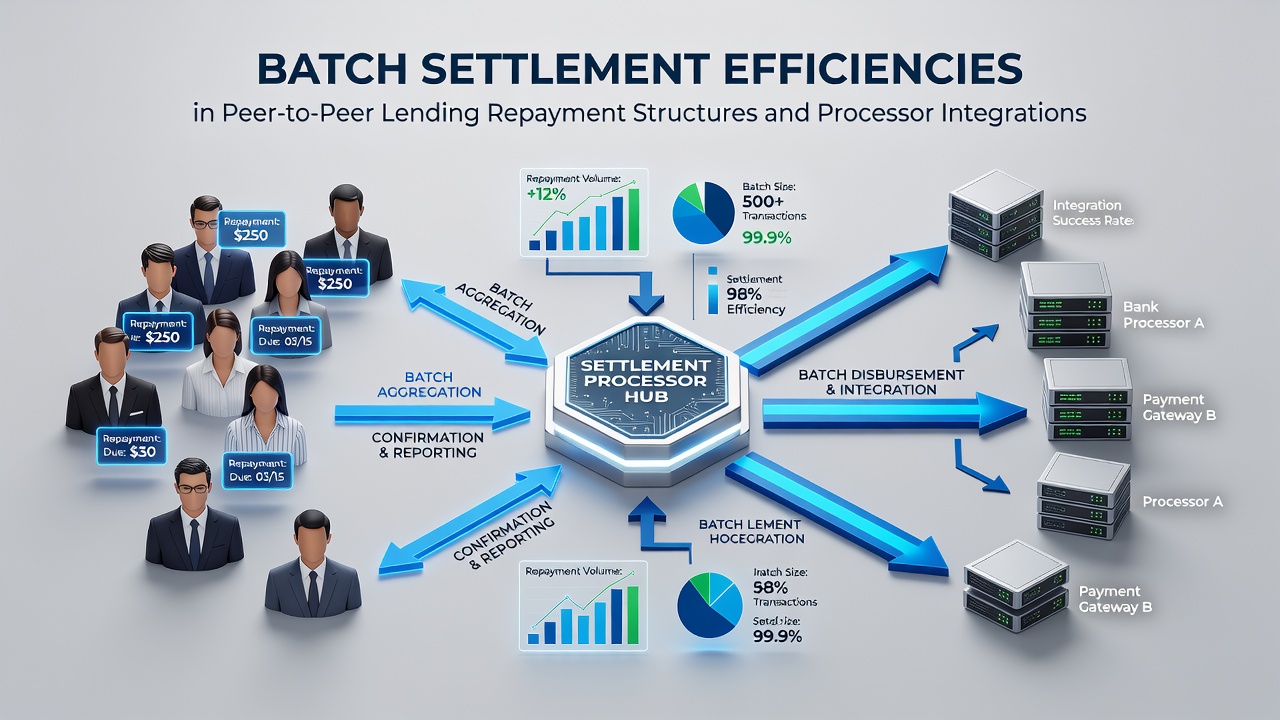 Diagram showing batch settlement flows between peer-to-peer lending platforms and payment processors