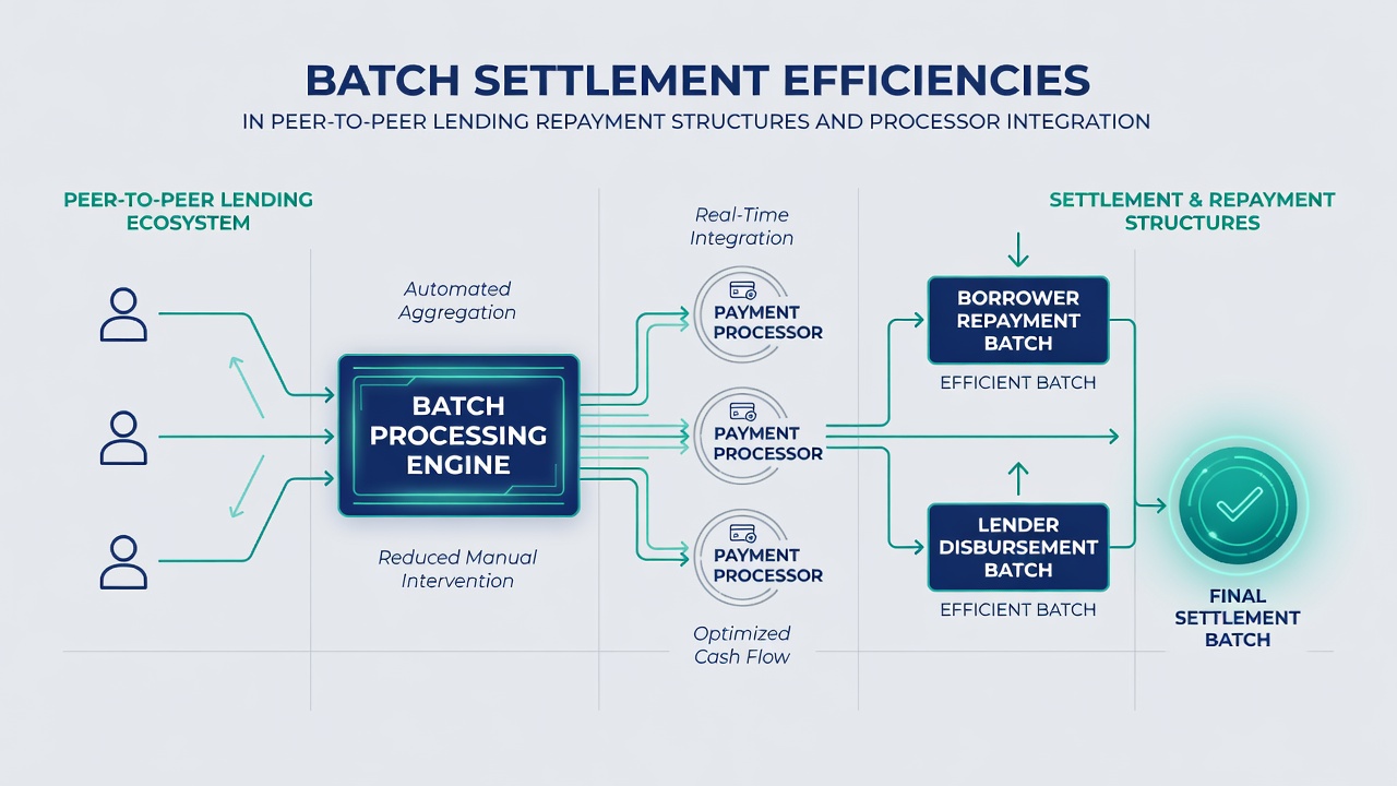 Flowchart illustrating processor integration points and batch routing logic in P2P lending systems