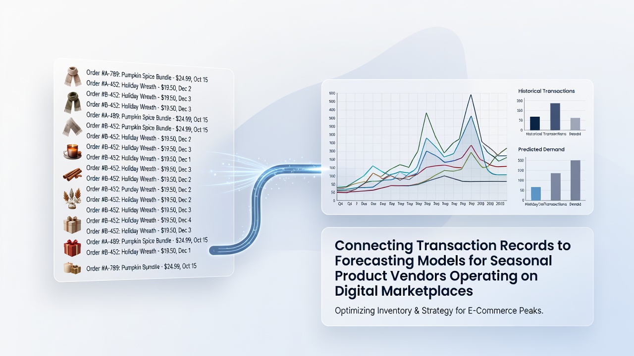 Transaction data streams feeding into forecasting dashboards for seasonal marketplace vendors