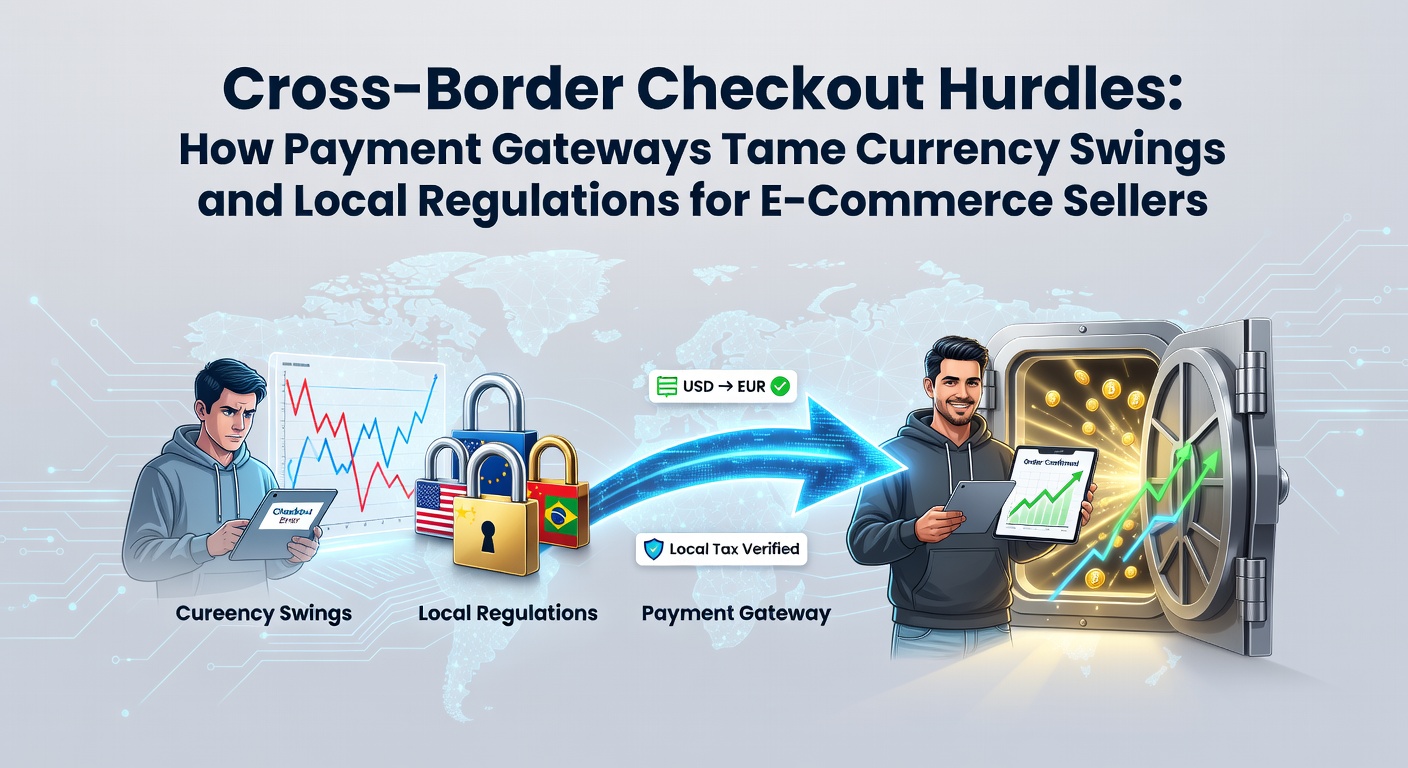 Global map illustrating cross-border e-commerce flows with currency exchange arrows and regulatory icons overlayed on major trade routes