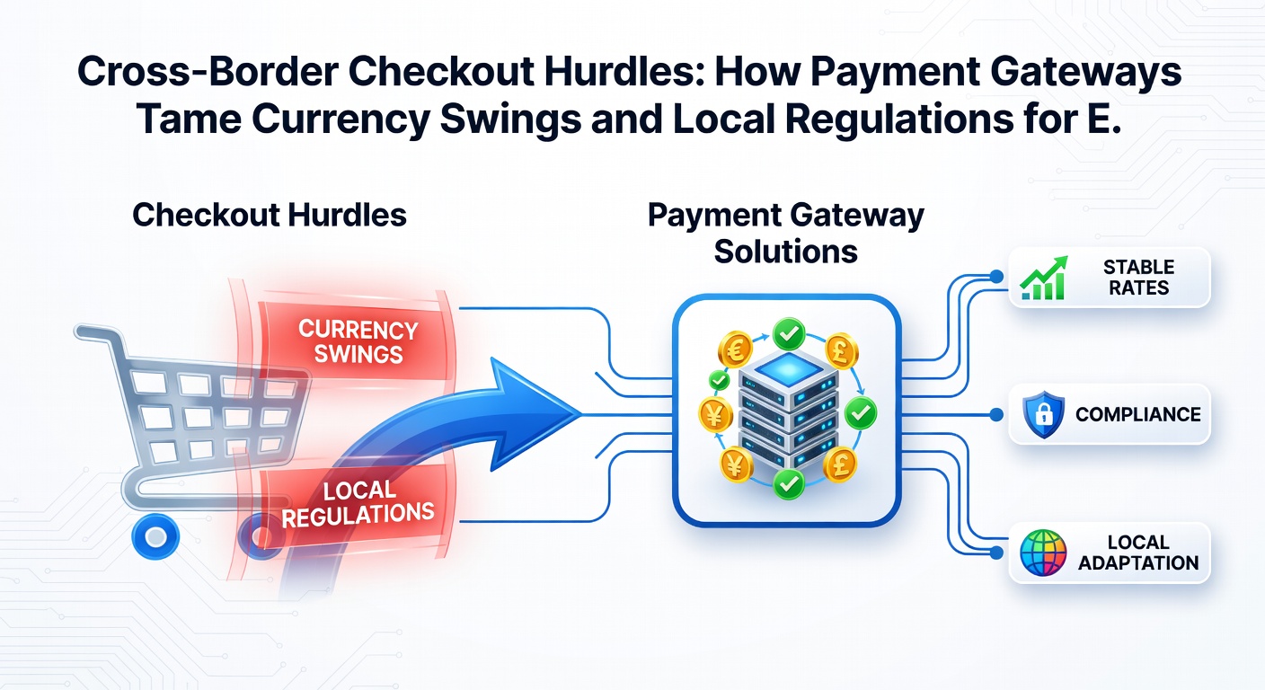Infographic depicting payment gateway architecture with currency conversion modules, regulatory compliance checks, and global server nodes connected by secure data flows