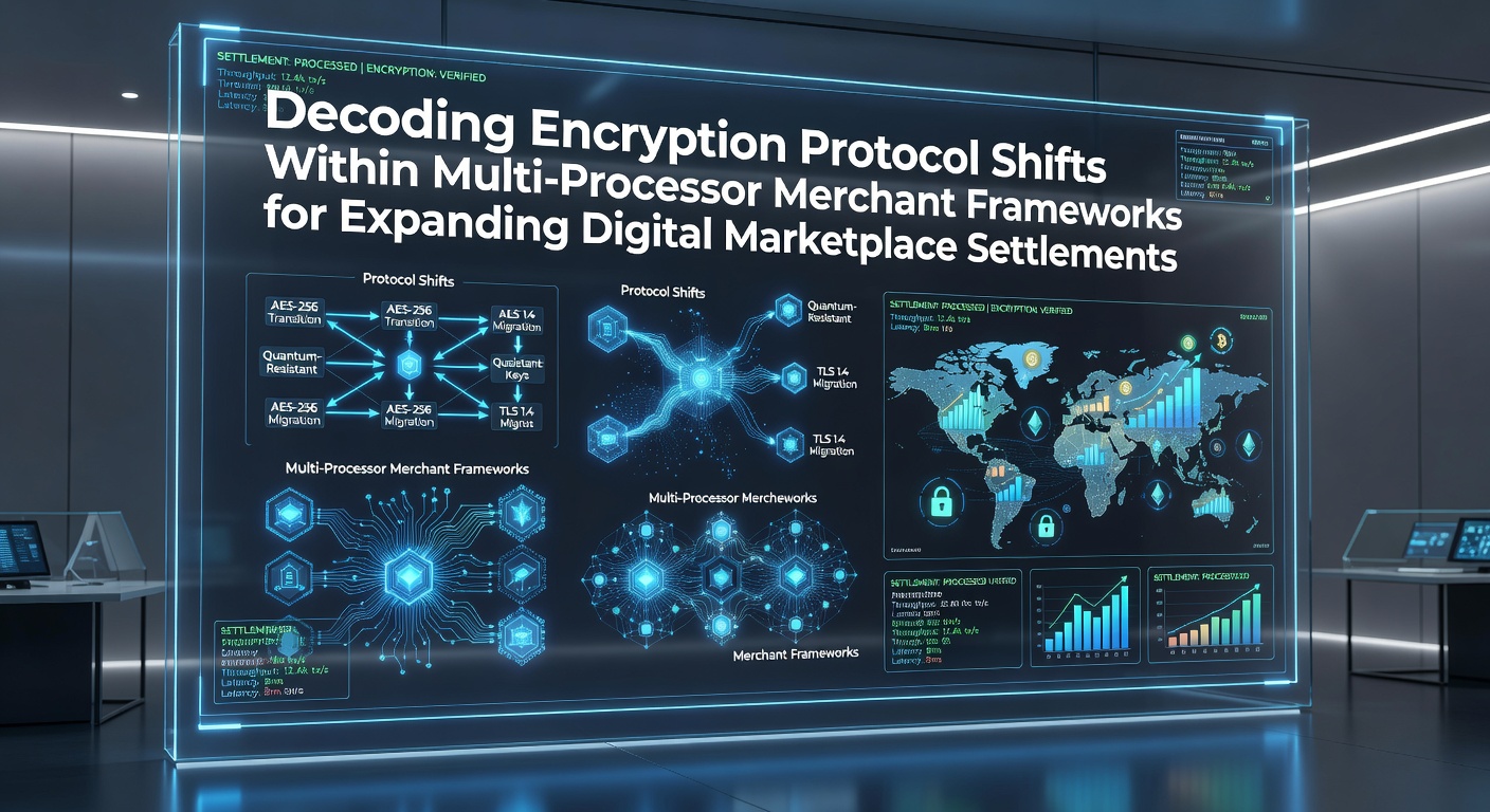 Multi-processor merchant frameworks handling encryption protocol updates for digital marketplace settlements