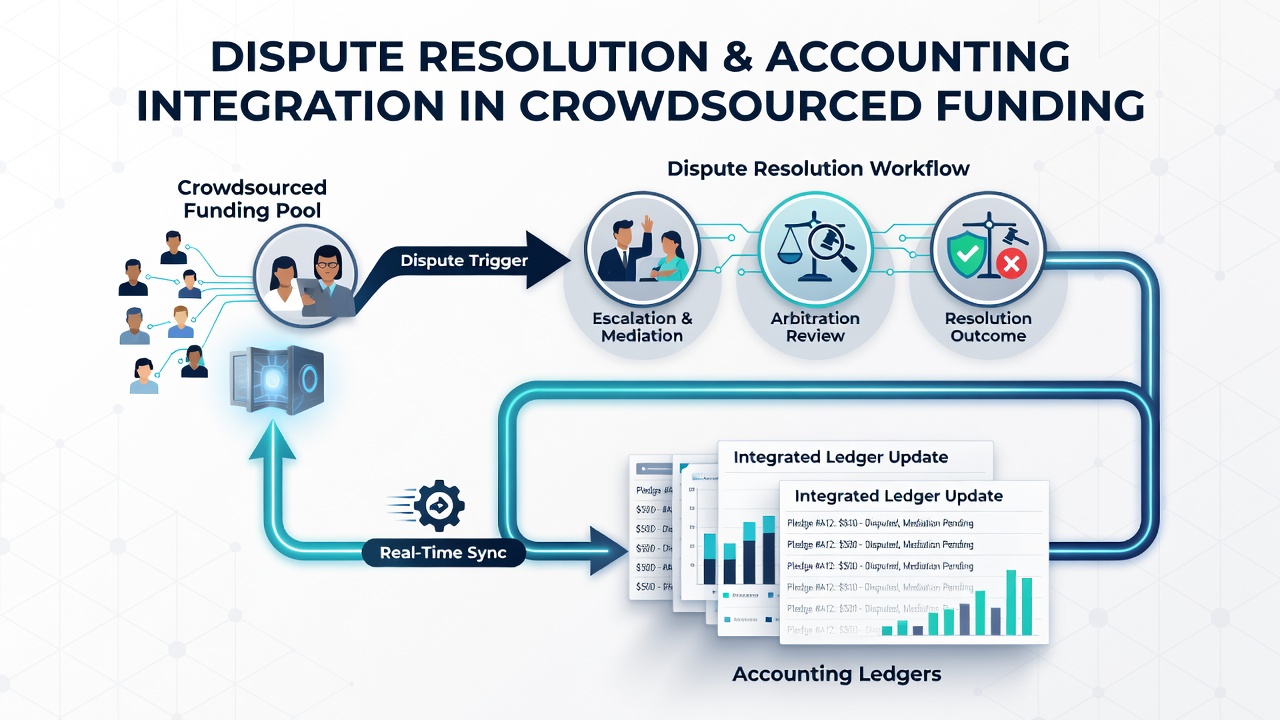 Crowdsourced funding platform dashboard showing dispute resolution workflow integration with accounting ledgers
