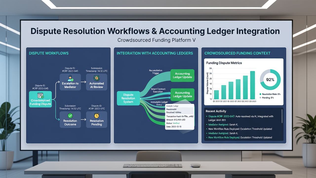 Accounting ledger interface displaying synchronized dispute resolution entries for a crowdfunding campaign