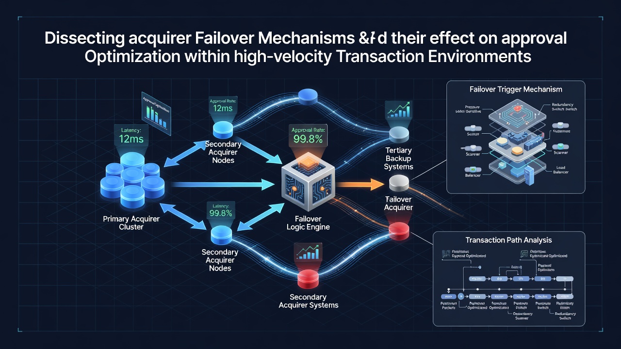Diagram showing acquirer failover routing between primary and backup processors during high-volume transaction spikes