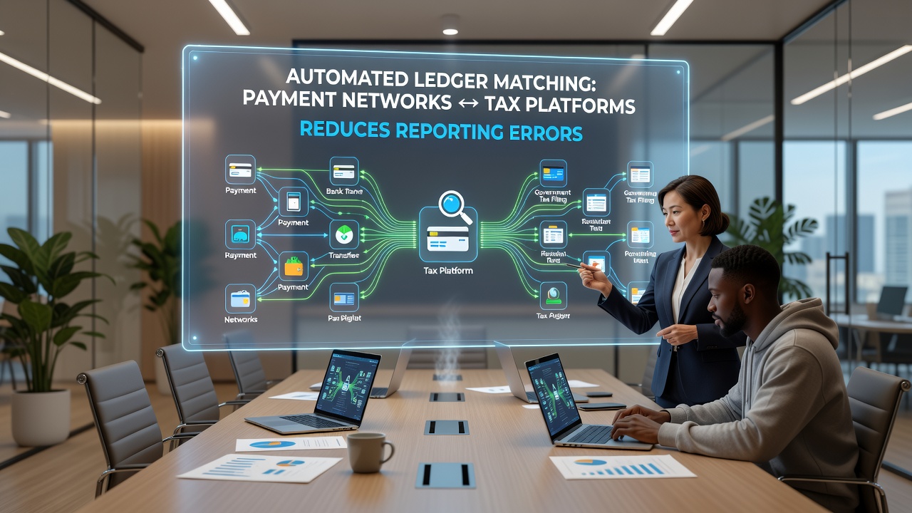Integration workflow showing payment data flowing into tax reporting dashboards