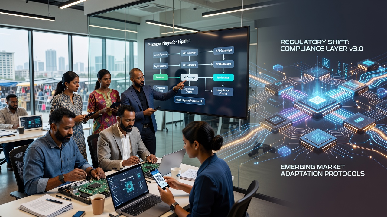 Emerging market vendors reviewing mobile payment processor integrations on digital dashboards