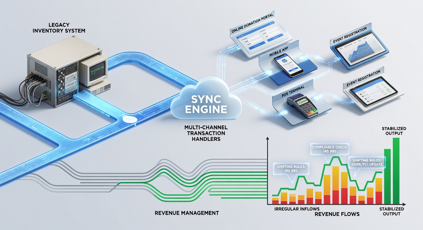 Legacy inventory systems integrating with transaction handlers for nonprofit revenue management