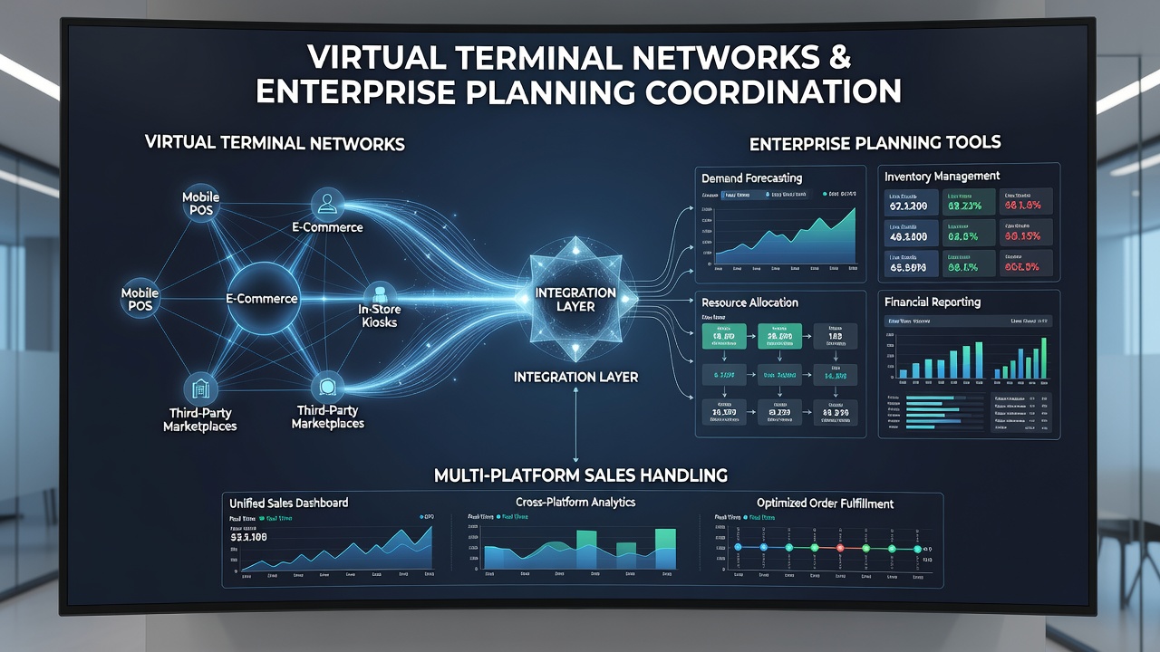 Enterprise planning dashboards displaying synchronized multi-platform sales metrics from virtual terminals