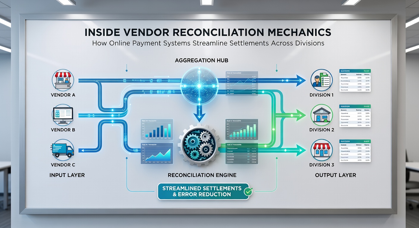 Flow diagram illustrating settlement reconciliation across retail, gig, and service merchant categories in real time