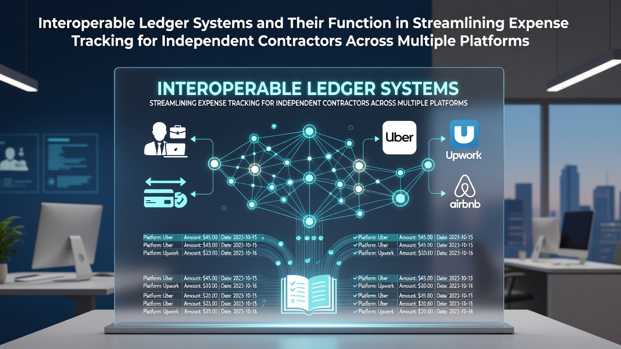 Interoperable ledger systems interface displaying synchronized expense data across contractor platforms