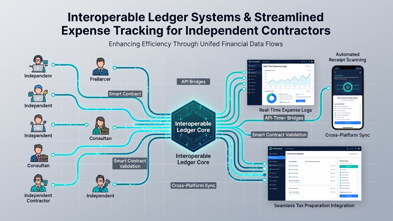 Contractor reviewing synchronized expense reports generated by interoperable ledger networks