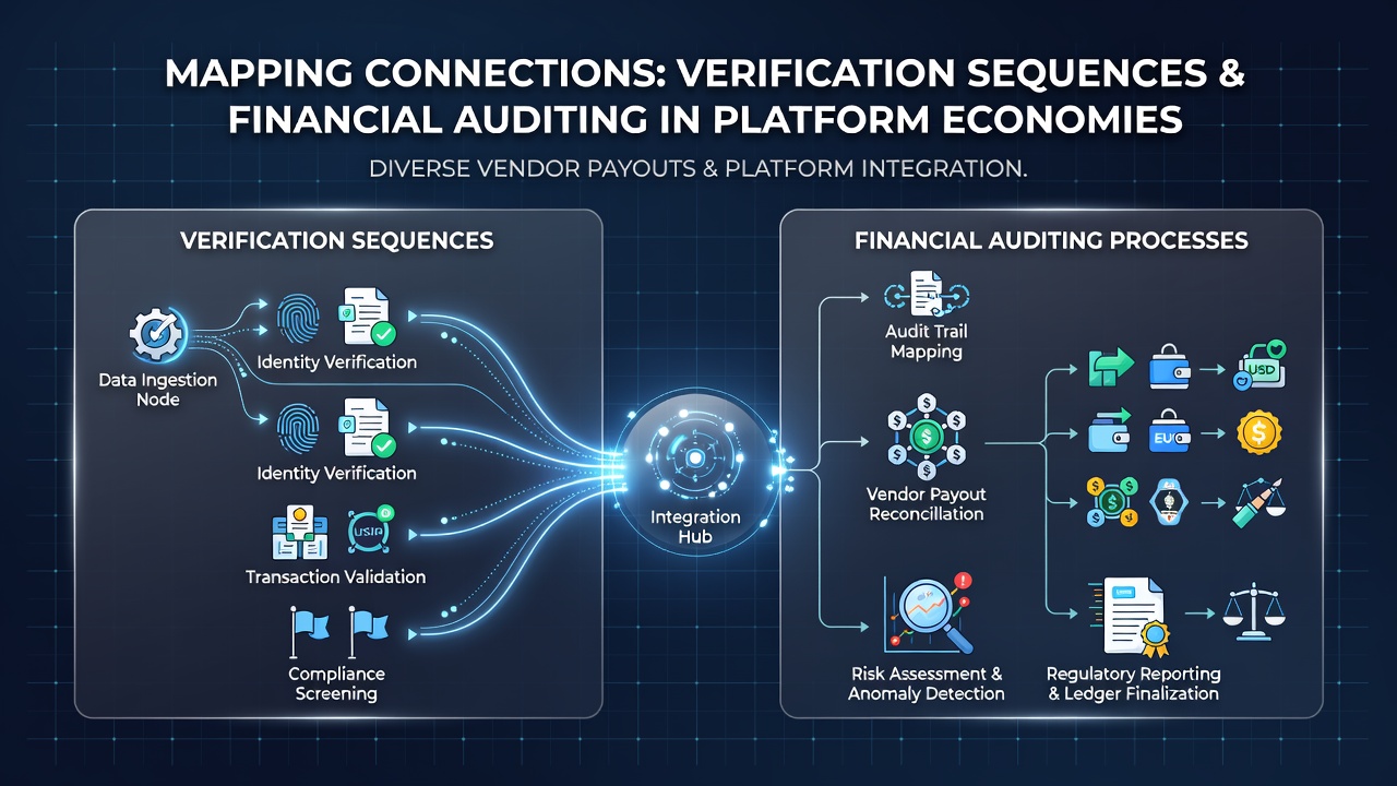 Flow diagram illustrating verification sequences feeding into financial auditing workflows for platform vendor payouts
