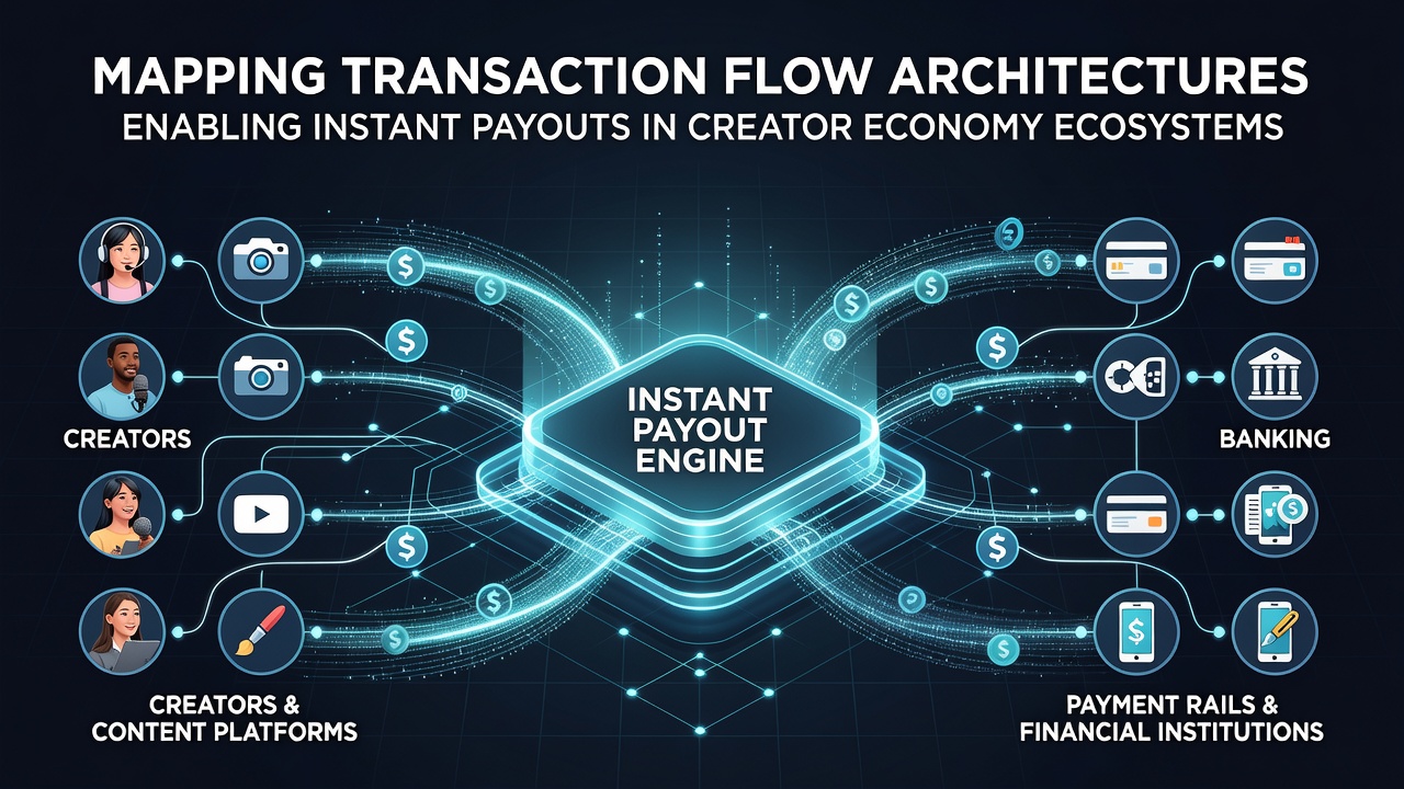 Diagram showing transaction flow from creator platform to instant payout systems