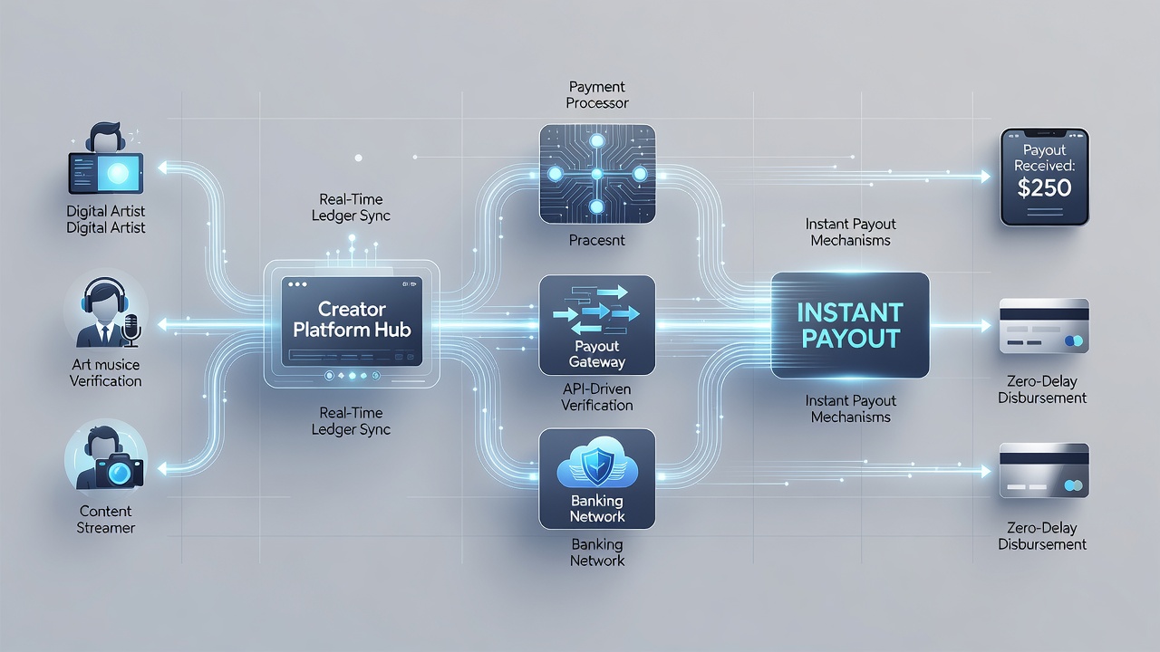 Flowchart of real-time payout orchestration between ledger and banking rails