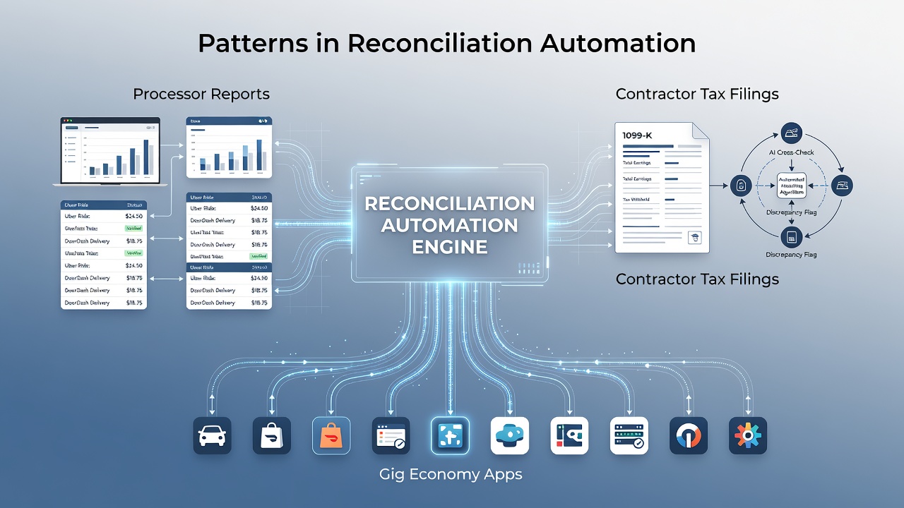 Dashboard interface displaying automated reconciliation between payment processor reports and contractor tax data in gig economy platforms