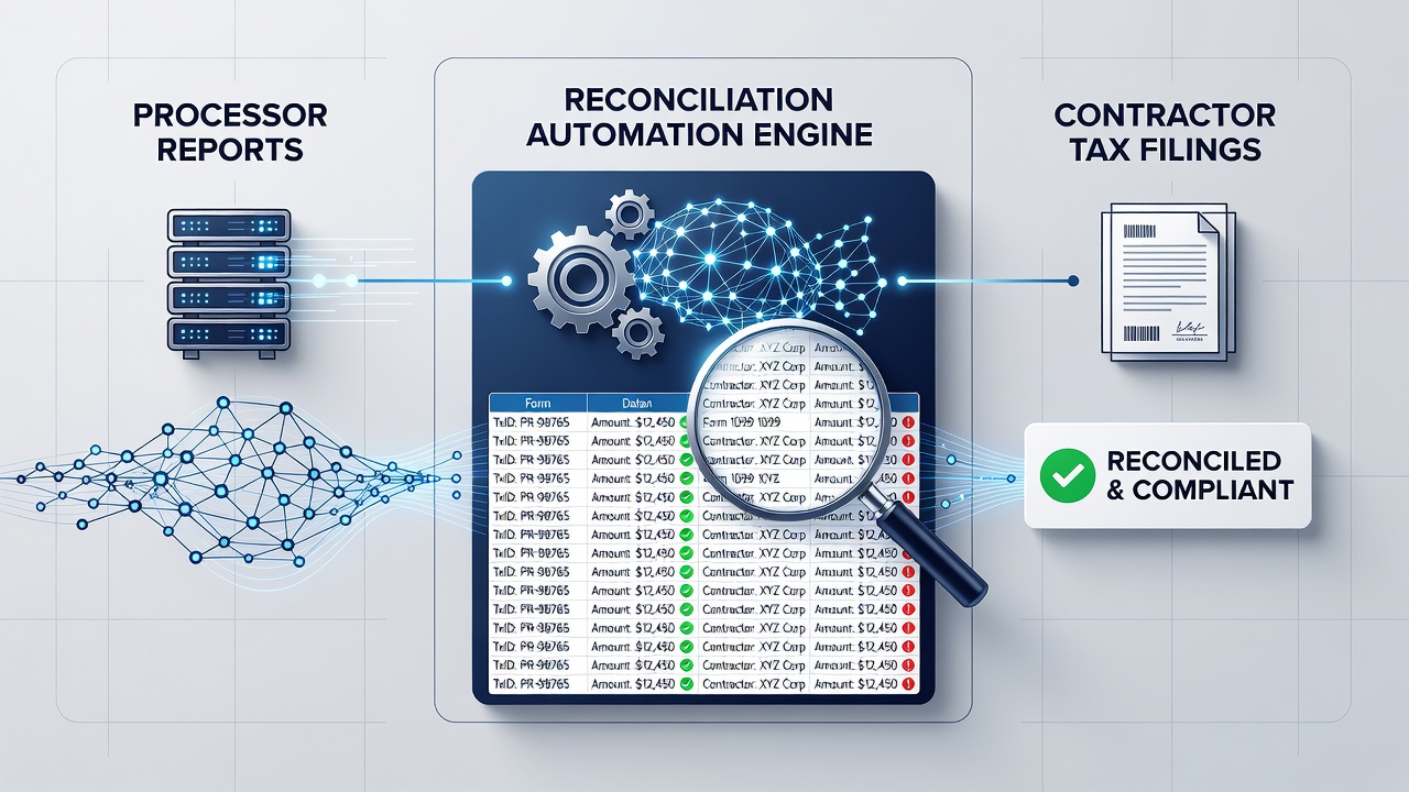 Flowchart illustrating automated alignment steps between gig app processor data and annual tax submissions