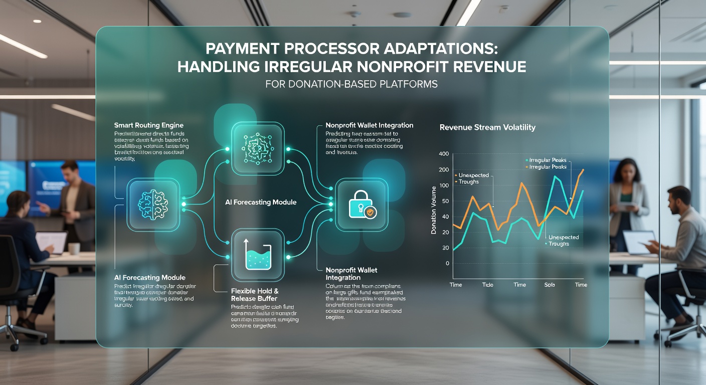 Secure payment gateway processing a surge of nonprofit donations with real-time analytics overlay