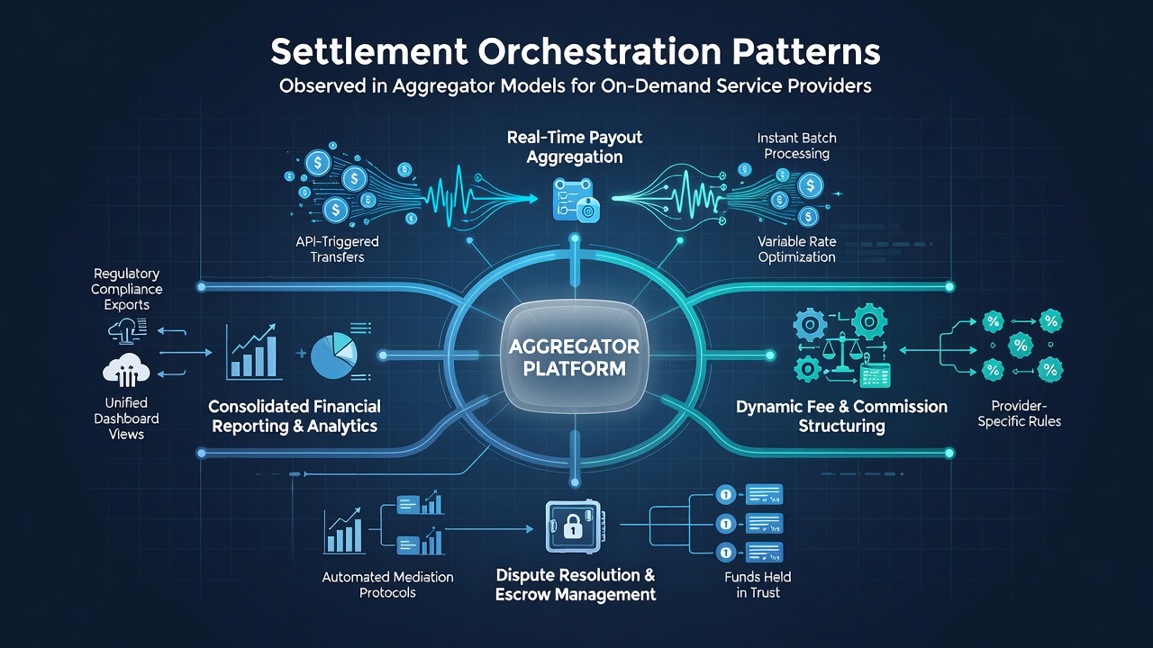 Diagram illustrating settlement flows in aggregator models for on-demand services