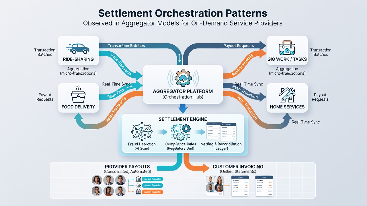 Flowchart showing multi-tier settlement orchestration between customers, aggregators, and service providers