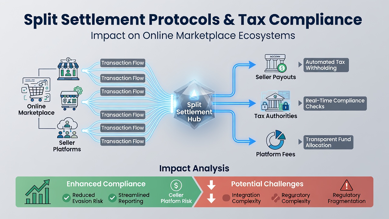 Split settlement flow diagram showing funds distribution across marketplace participants