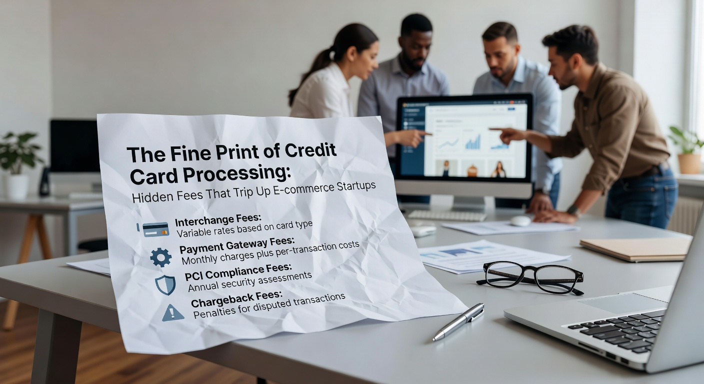 Illustration of a magnifying glass examining tiny contract text amid credit card icons and e-commerce carts, highlighting hidden details in payment processing agreements