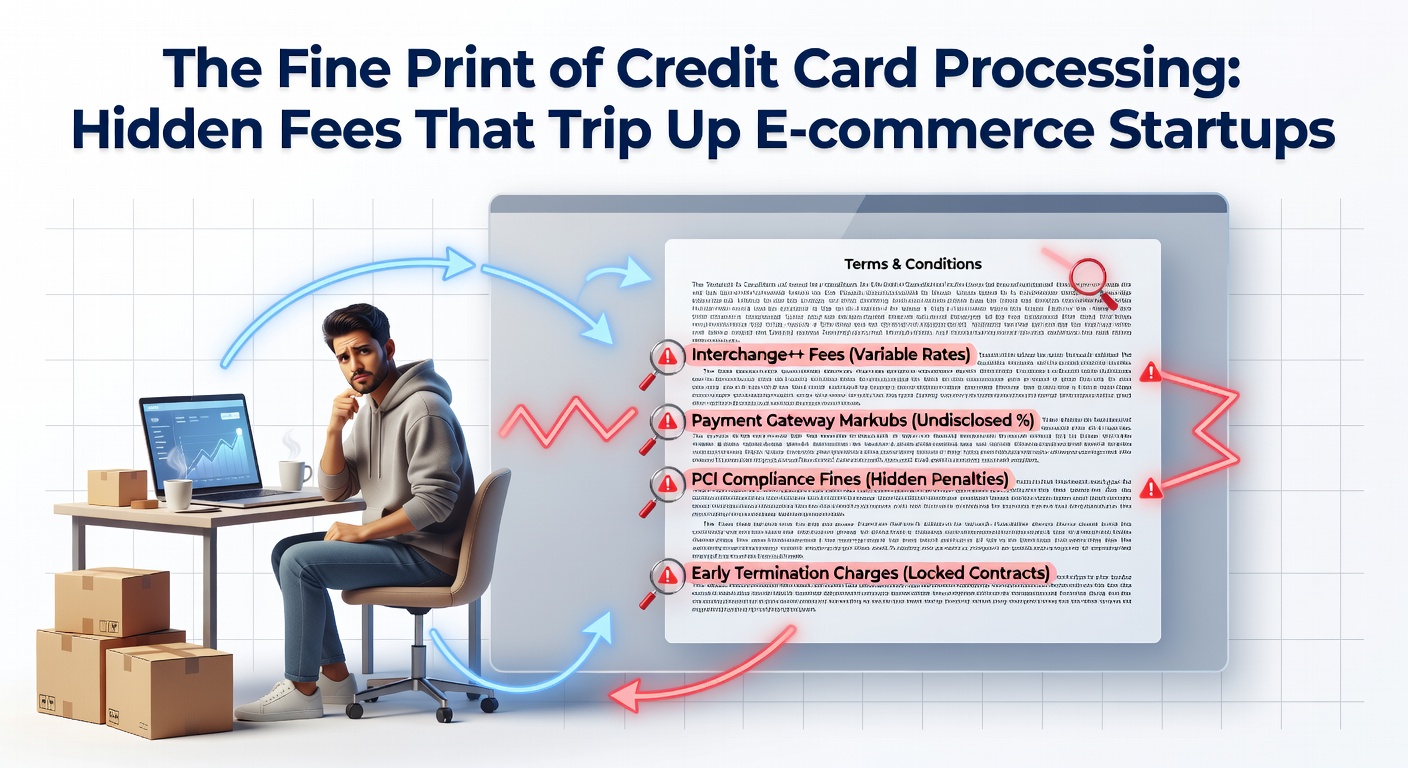 Graph depicting rising fee stacks for an e-commerce startup over six months, with bars for interchange, assessments, PCI, and add-ons breaking down cost escalation