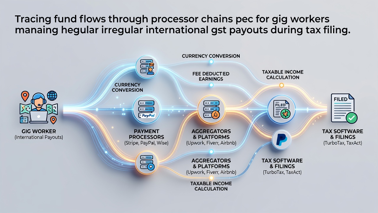 Diagram showing payment processor chains moving funds from international clients to gig workers across borders