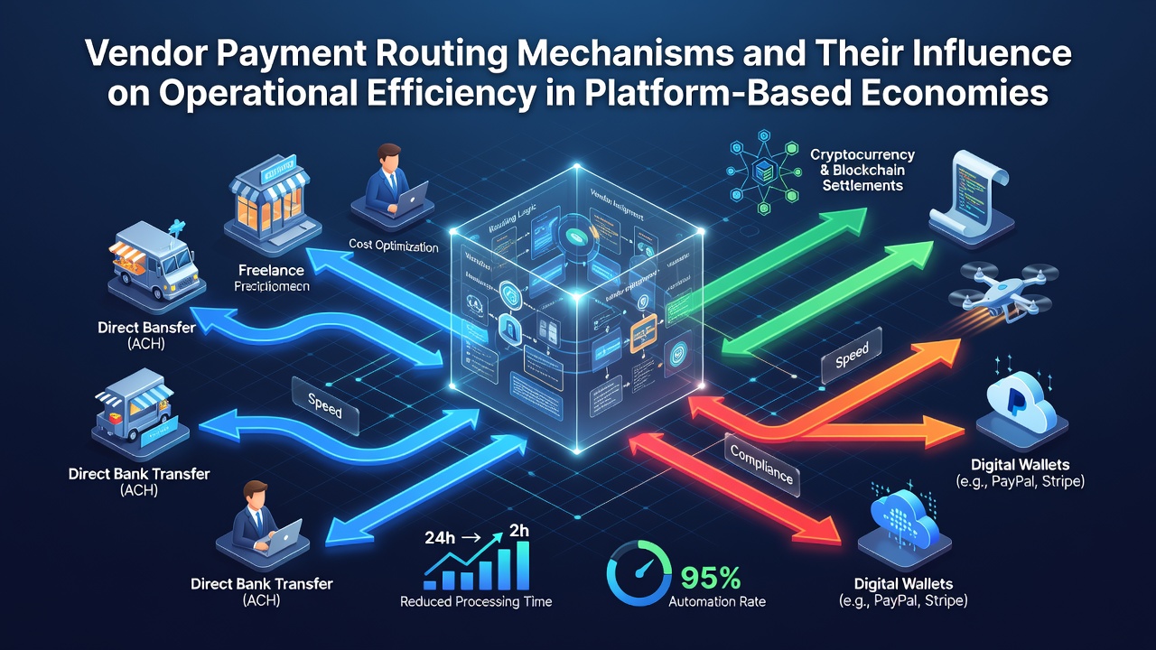 Illustration of vendor payment routing flows across multiple platform participants