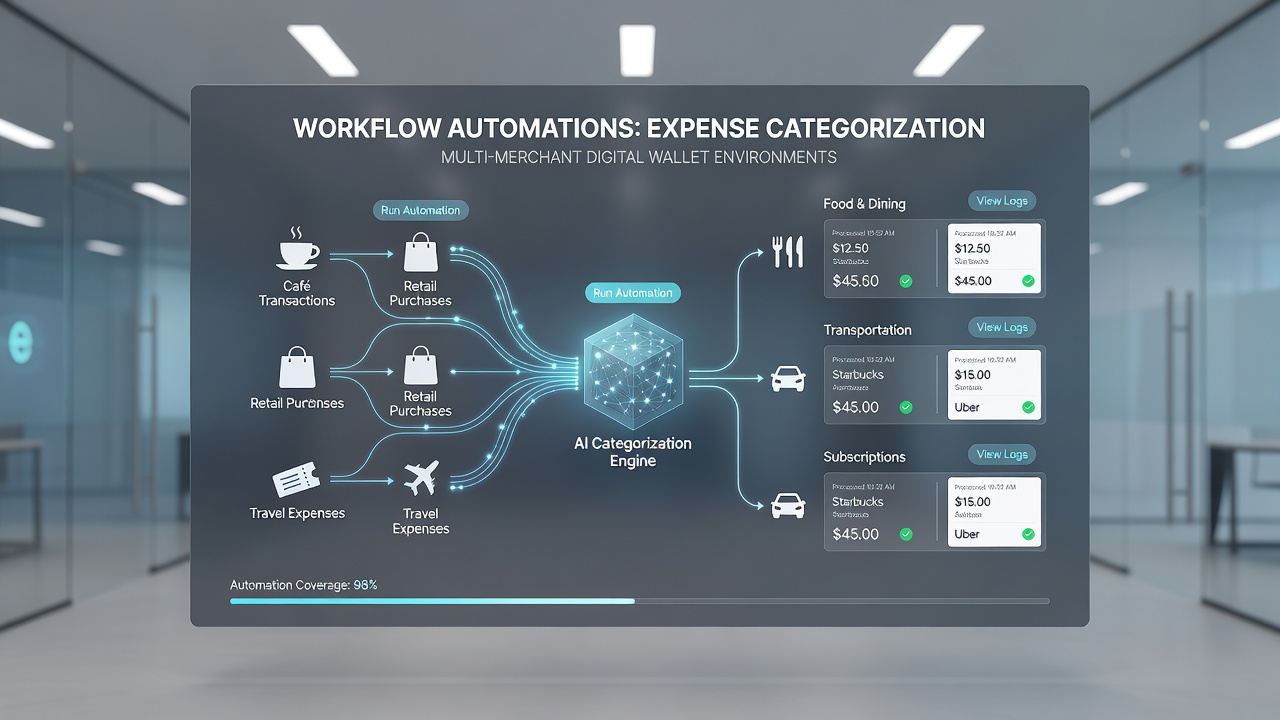 Illustration of multi-merchant transaction flows and automated categorization steps